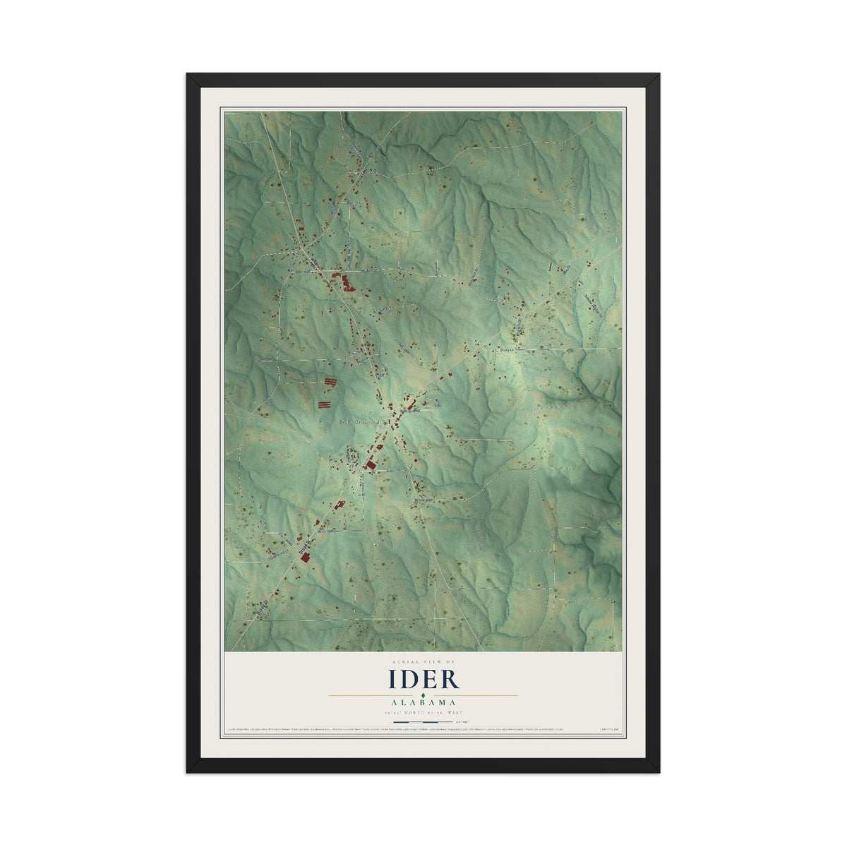 Map of Ider, Alabama, 12 x 18 inch print in a black wood frame