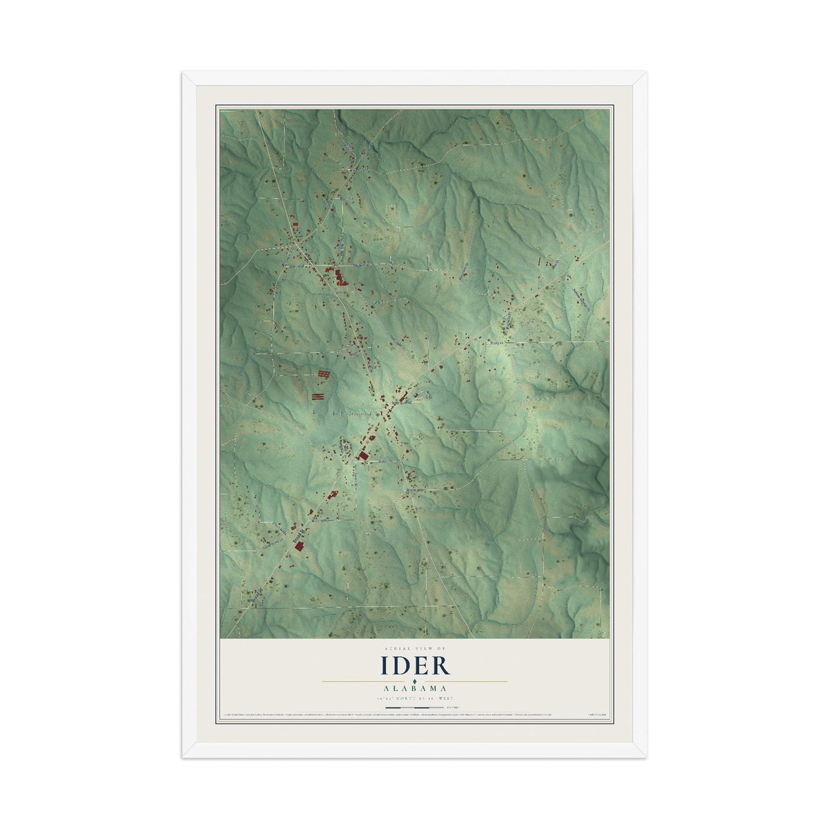 Map of Ider, Alabama, 12 x 18 inch print in a white wood frame