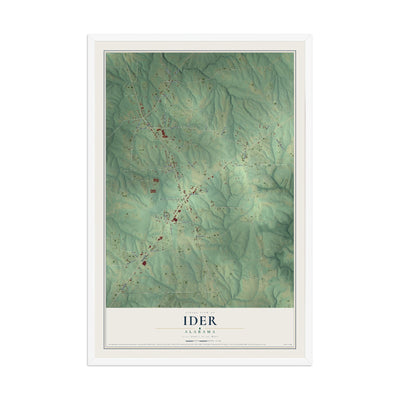 Map of Ider, Alabama, 12 x 18 inch print in a white wood frame