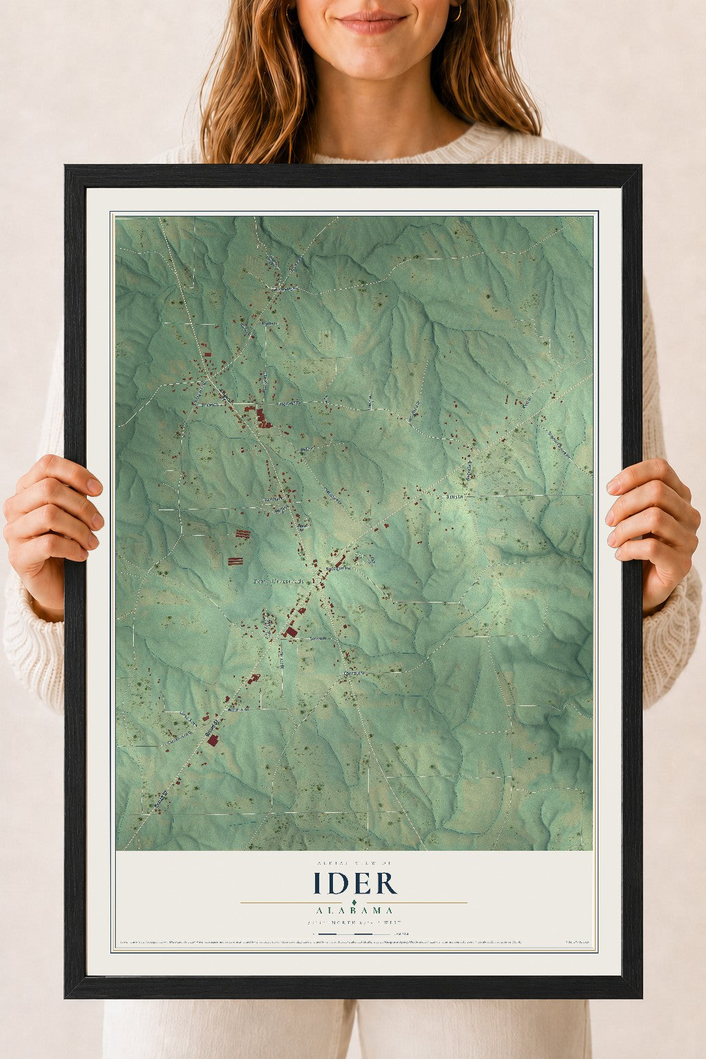 Map of Ider, Alabama, 18 x 24 inch print in a black wood frame