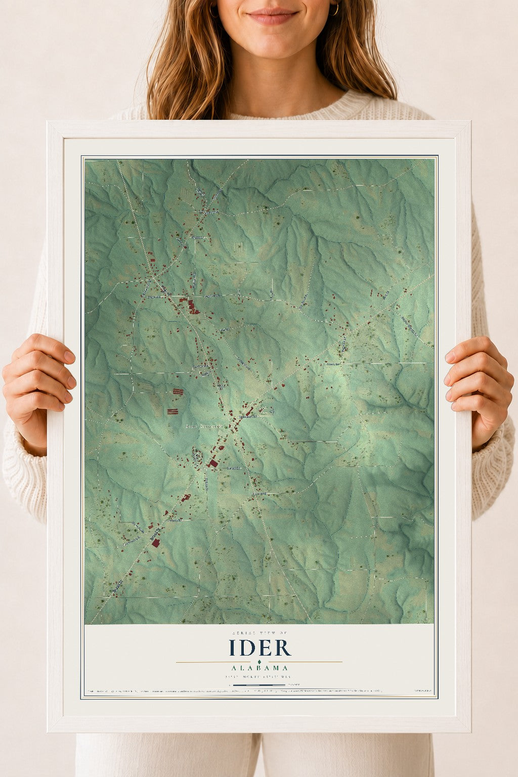 Map of Ider, Alabama, 18 x 24 inch print in a white wood frame