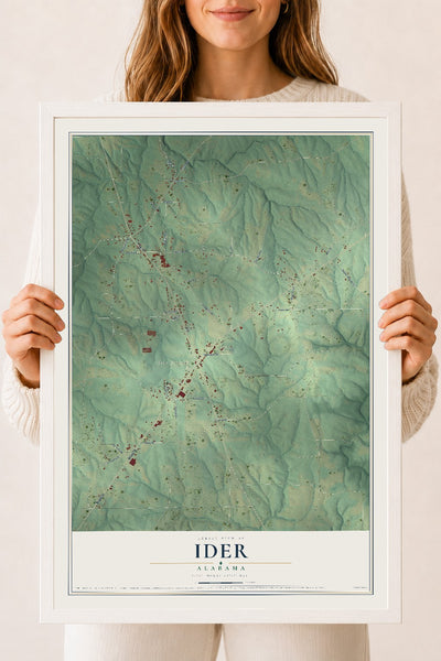 Map of Ider, Alabama, 18 x 24 inch print in a white wood frame