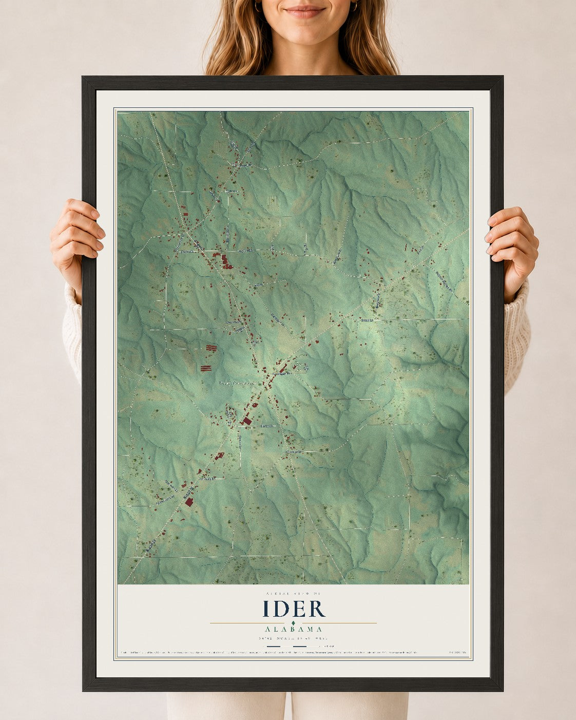 Map of Ider, Alabama, 24 x 36 inch print in a black wood frame