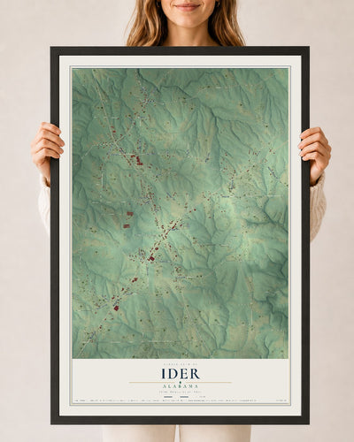 Map of Ider, Alabama, 24 x 36 inch print in a black wood frame