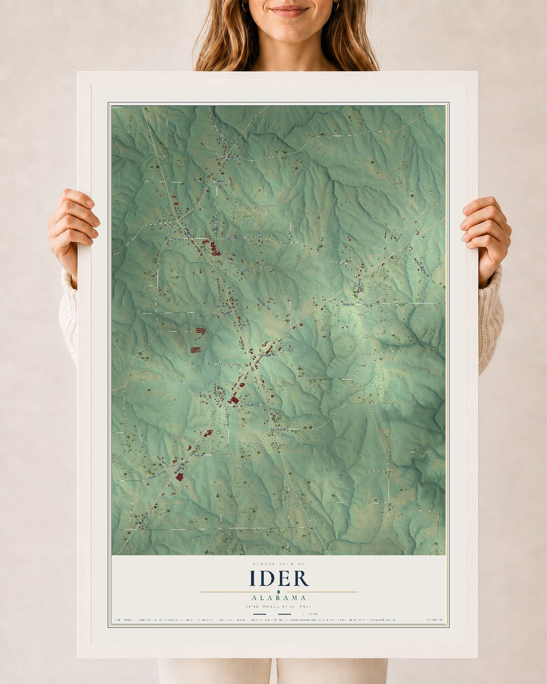 Map of Ider, Alabama, 24 x 36 inch print in a white wood frame