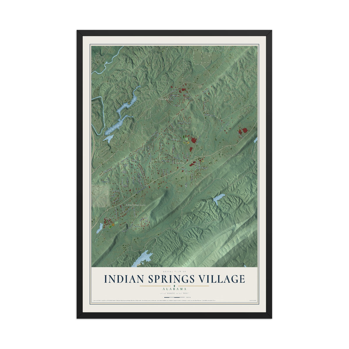 Map of Indian Springs Village, Alabama, 12 x 18 inch print in a black wood frame