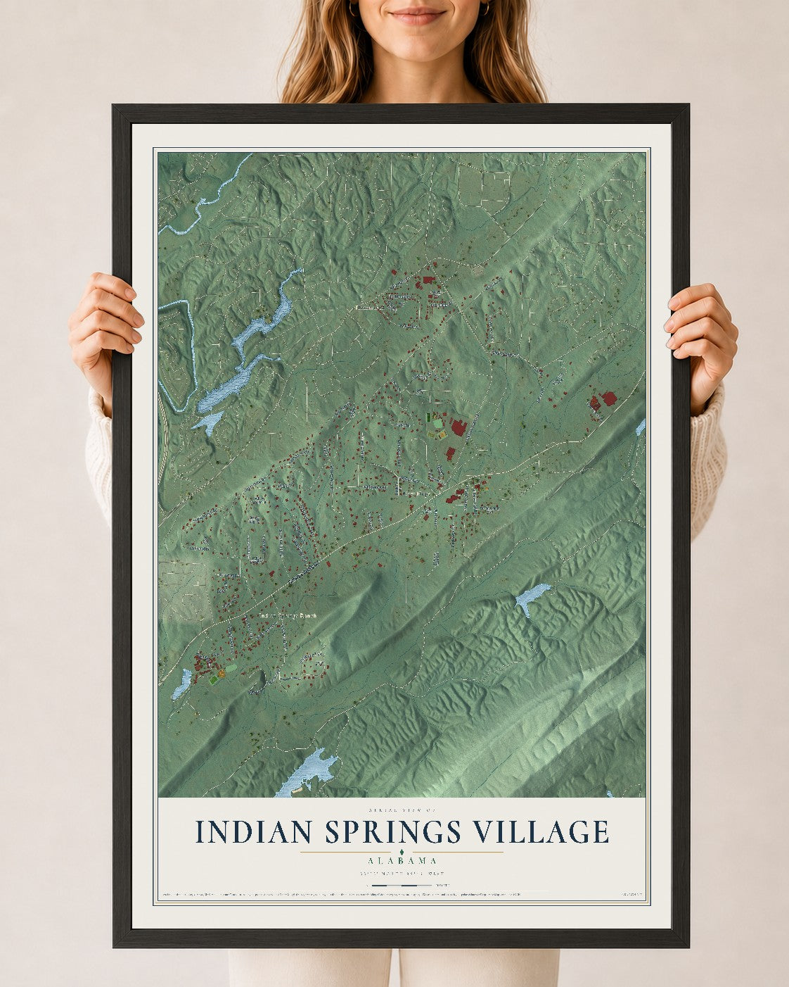 Map of Indian Springs Village, Alabama, 24 x 36 inch print in a black wood frame