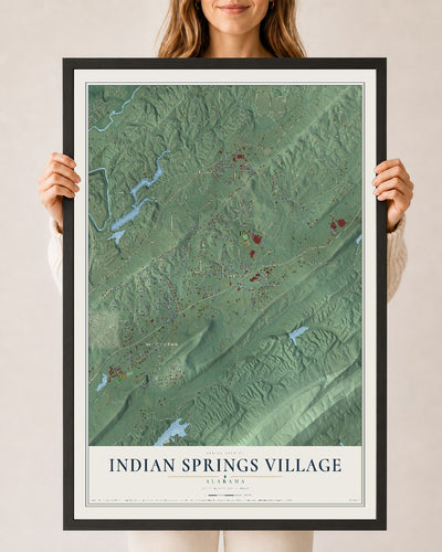 Map of Indian Springs Village, Alabama, 24 x 36 inch print in a black wood frame
