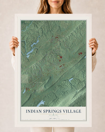 Map of Indian Springs Village, Alabama, 24 x 36 inch print in a white wood frame