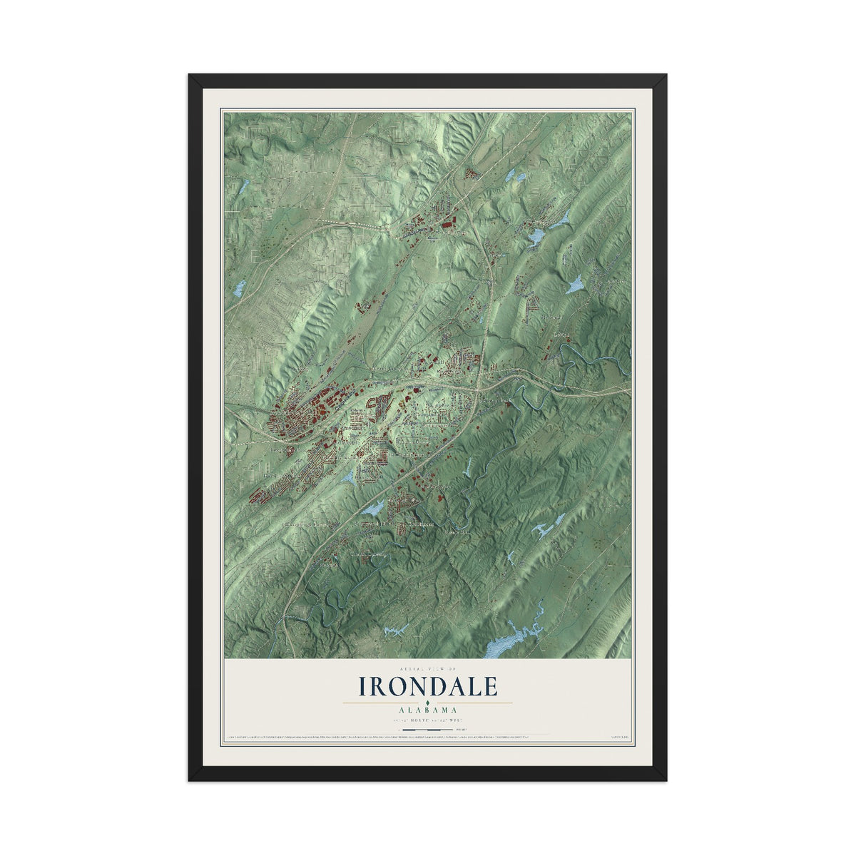 Map of Irondale, Alabama, 12 x 18 inch print in a black wood frame