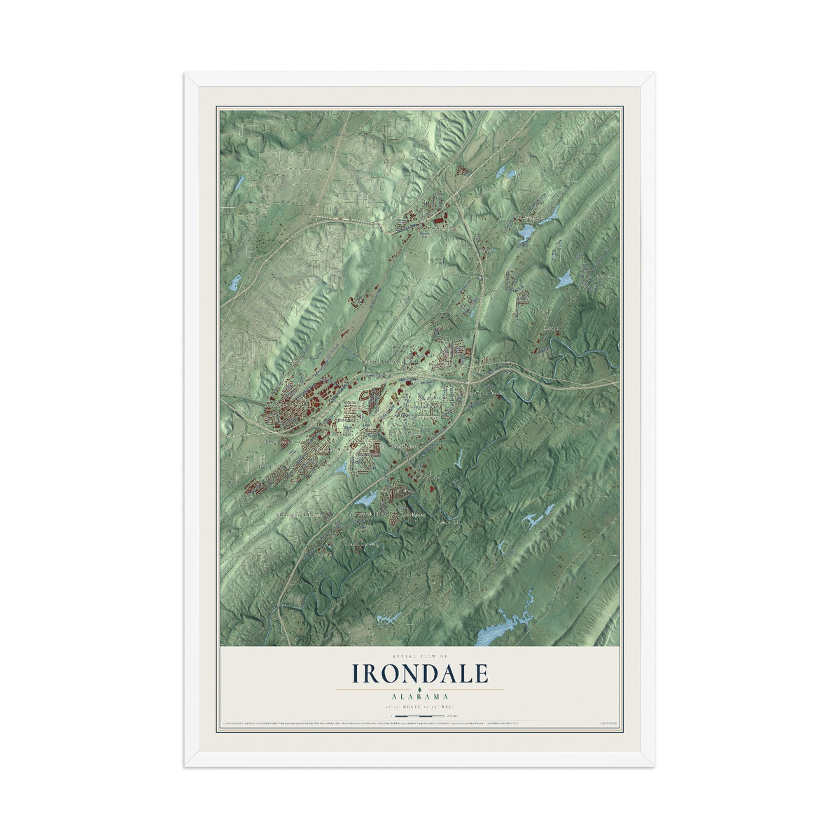 Map of Irondale, Alabama, 12 x 18 inch print in a white wood frame