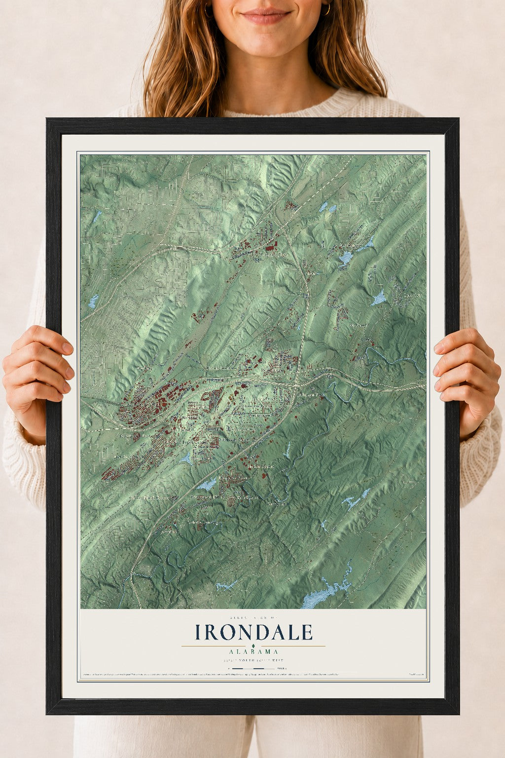 Map of Irondale, Alabama, 18 x 24 inch print in a black wood frame