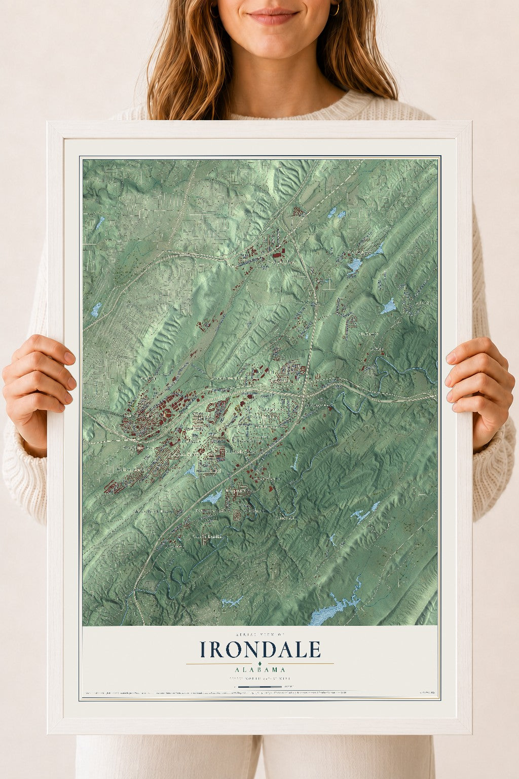 Map of Irondale, Alabama, 18 x 24 inch print in a white wood frame