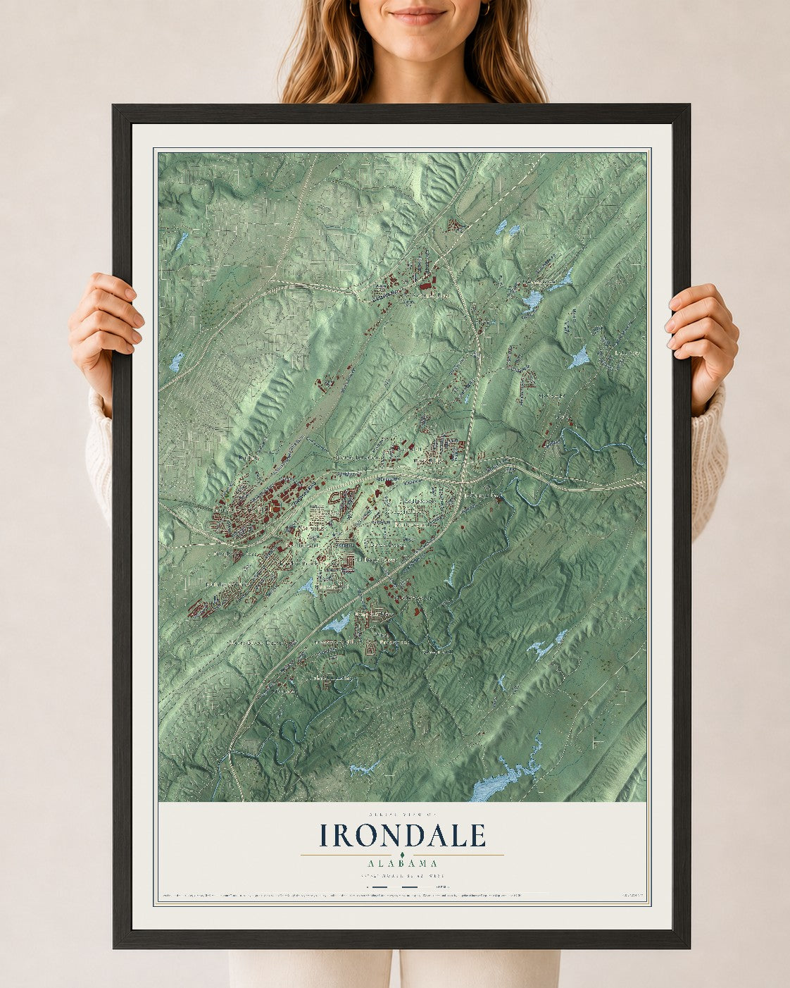 Map of Irondale, Alabama, 24 x 36 inch print in a black wood frame