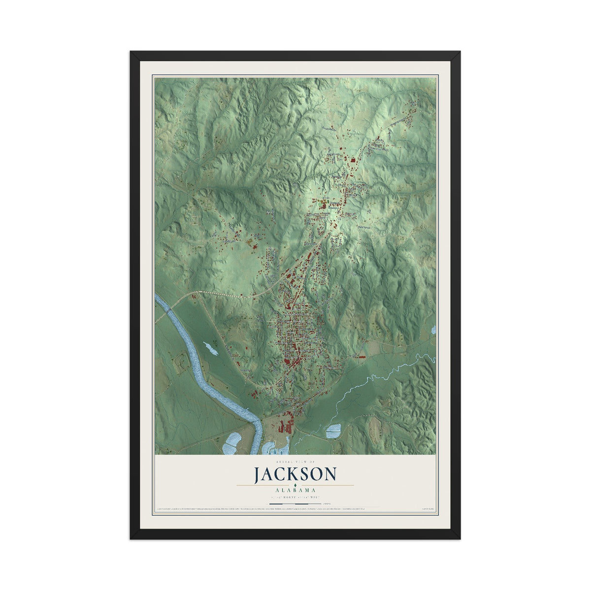 Map of Jackson, Alabama, 12 x 18 inch print in a black wood frame