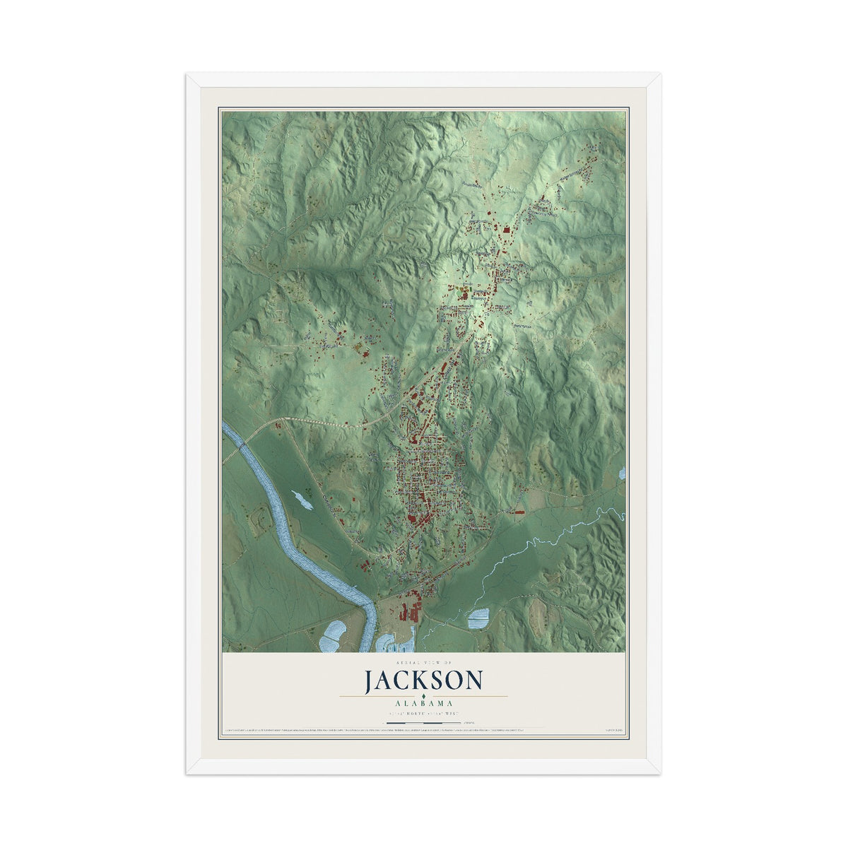 Map of Jackson, Alabama, 12 x 18 inch print in a white wood frame
