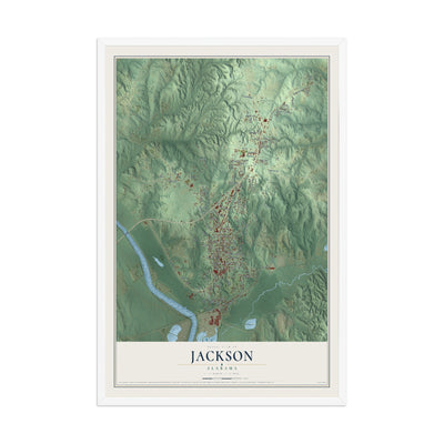 Map of Jackson, Alabama, 12 x 18 inch print in a white wood frame