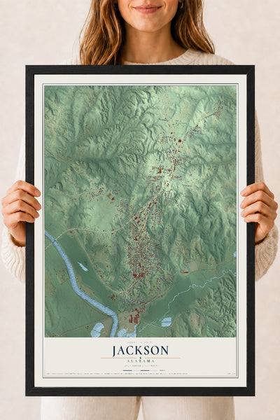 Map of Jackson, Alabama, 18 x 24 inch print in a black wood frame