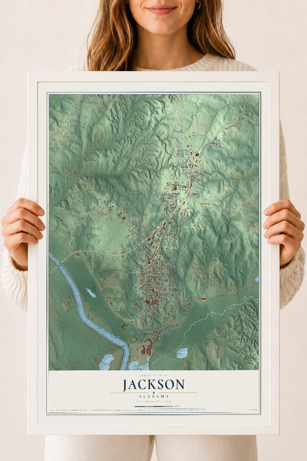 Map of Jackson, Alabama, 18 x 24 inch print in a white wood frame