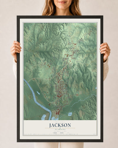 Map of Jackson, Alabama, 24 x 36 inch print in a black wood frame