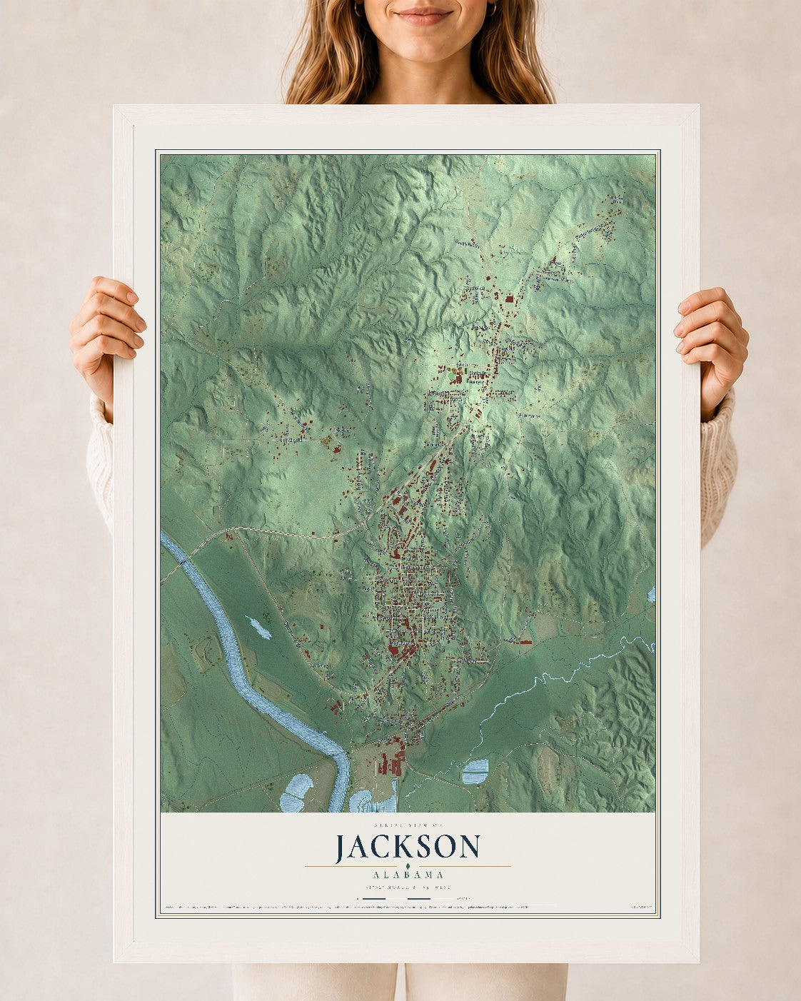 Map of Jackson, Alabama, 24 x 36 inch print in a white wood frame