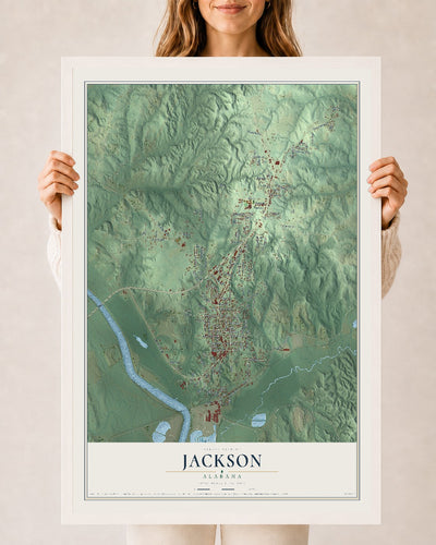 Map of Jackson, Alabama, 24 x 36 inch print in a white wood frame