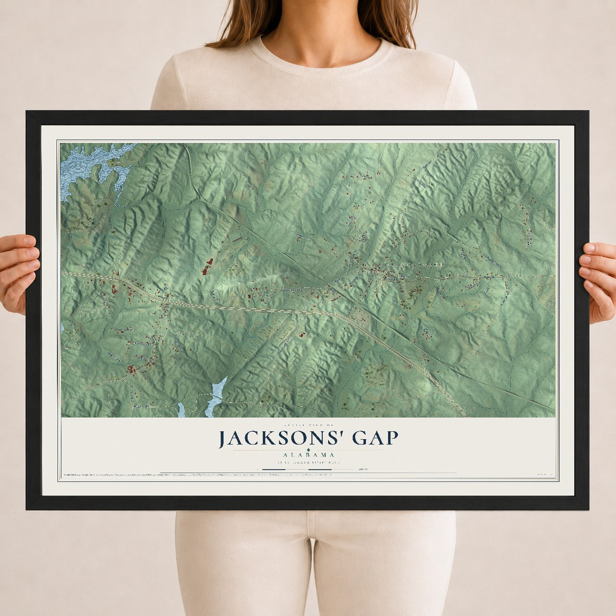 Map of Jacksons' Gap, Alabama, 18 x 24 inch print in a black wood frame