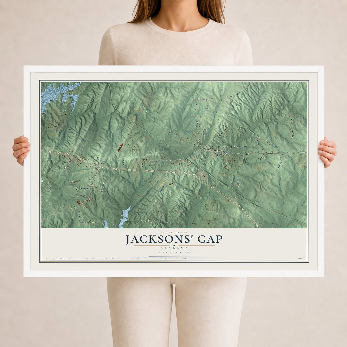 Map of Jacksons' Gap, Alabama, 24 x 36 inch print in a white wood frame