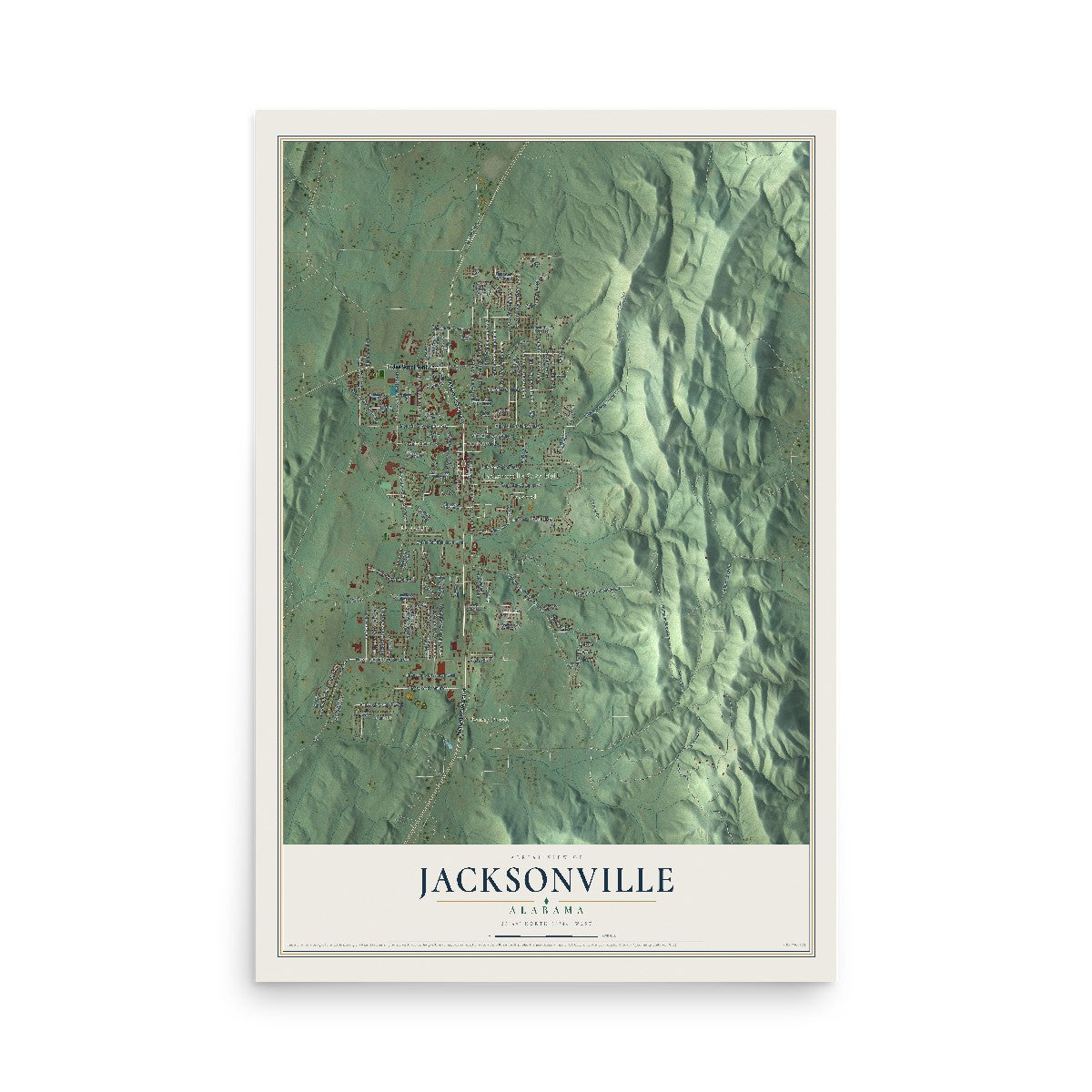 Map of Jacksonville, Alabama, 12 x 18 inch unframed archival matte print