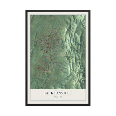 Map of Jacksonville, Alabama, 12 x 18 inch print in a black wood frame