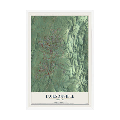 Map of Jacksonville, Alabama, 12 x 18 inch print in a white wood frame