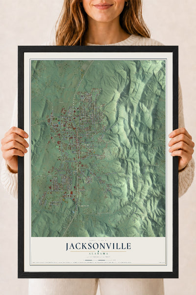Map of Jacksonville, Alabama, 18 x 24 inch print in a black wood frame