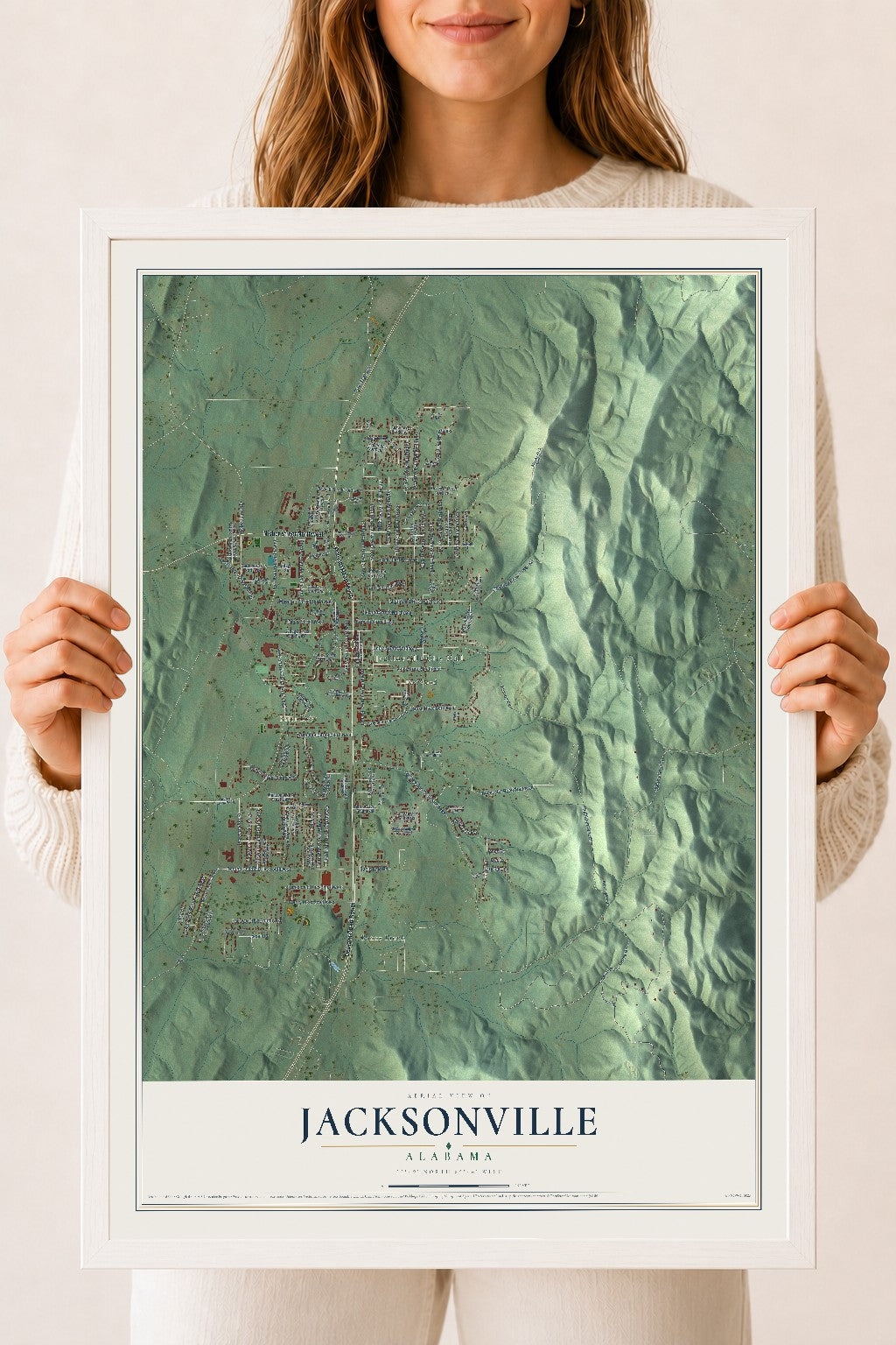 Map of Jacksonville, Alabama, 18 x 24 inch print in a white wood frame