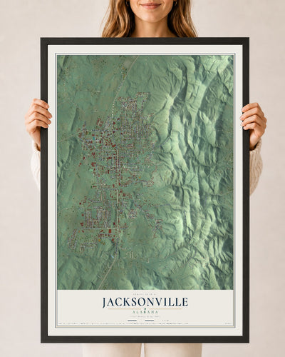 Map of Jacksonville, Alabama, 24 x 36 inch print in a black wood frame