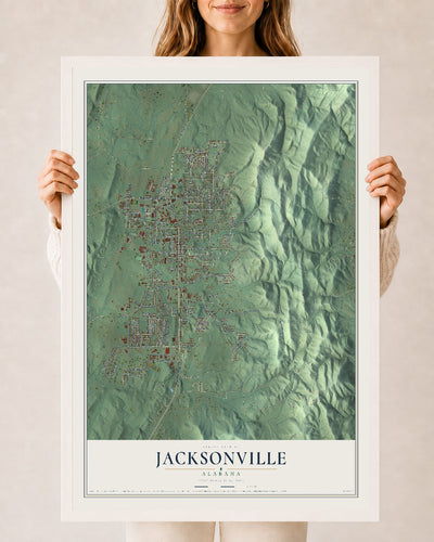 Map of Jacksonville, Alabama, 24 x 36 inch print in a white wood frame