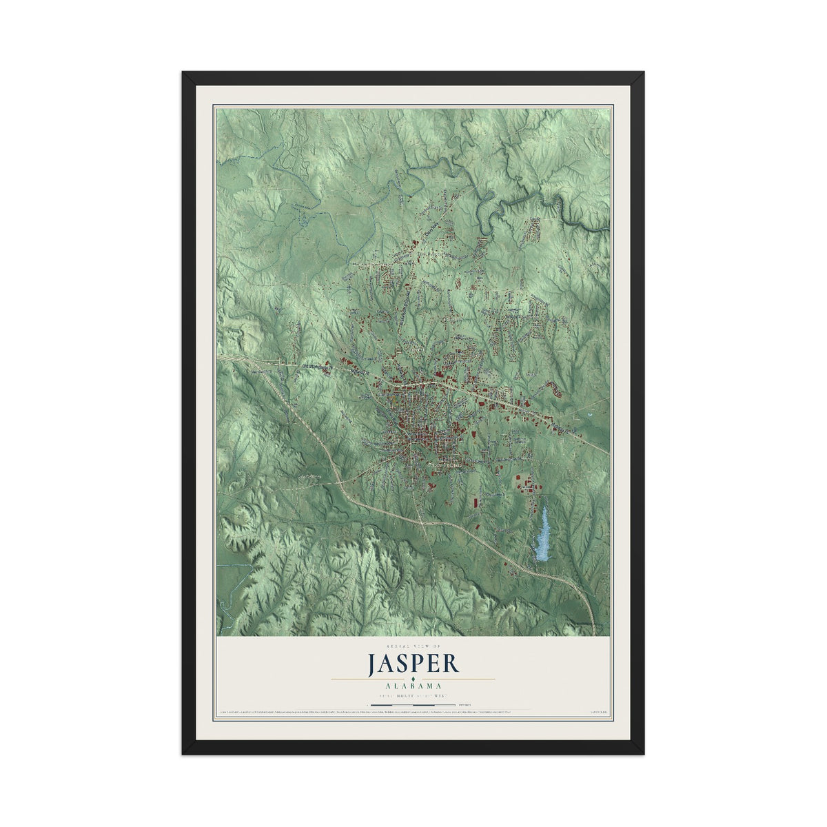Map of Jasper, Alabama, 12 x 18 inch print in a black wood frame