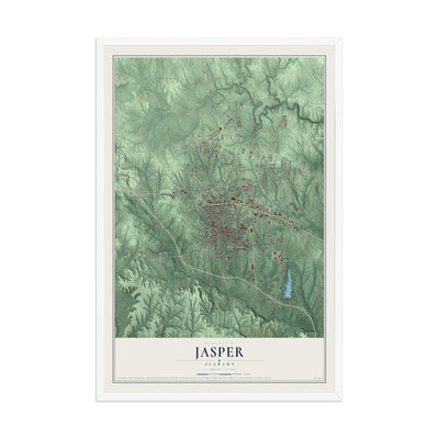 Map of Jasper, Alabama, 12 x 18 inch print in a white wood frame