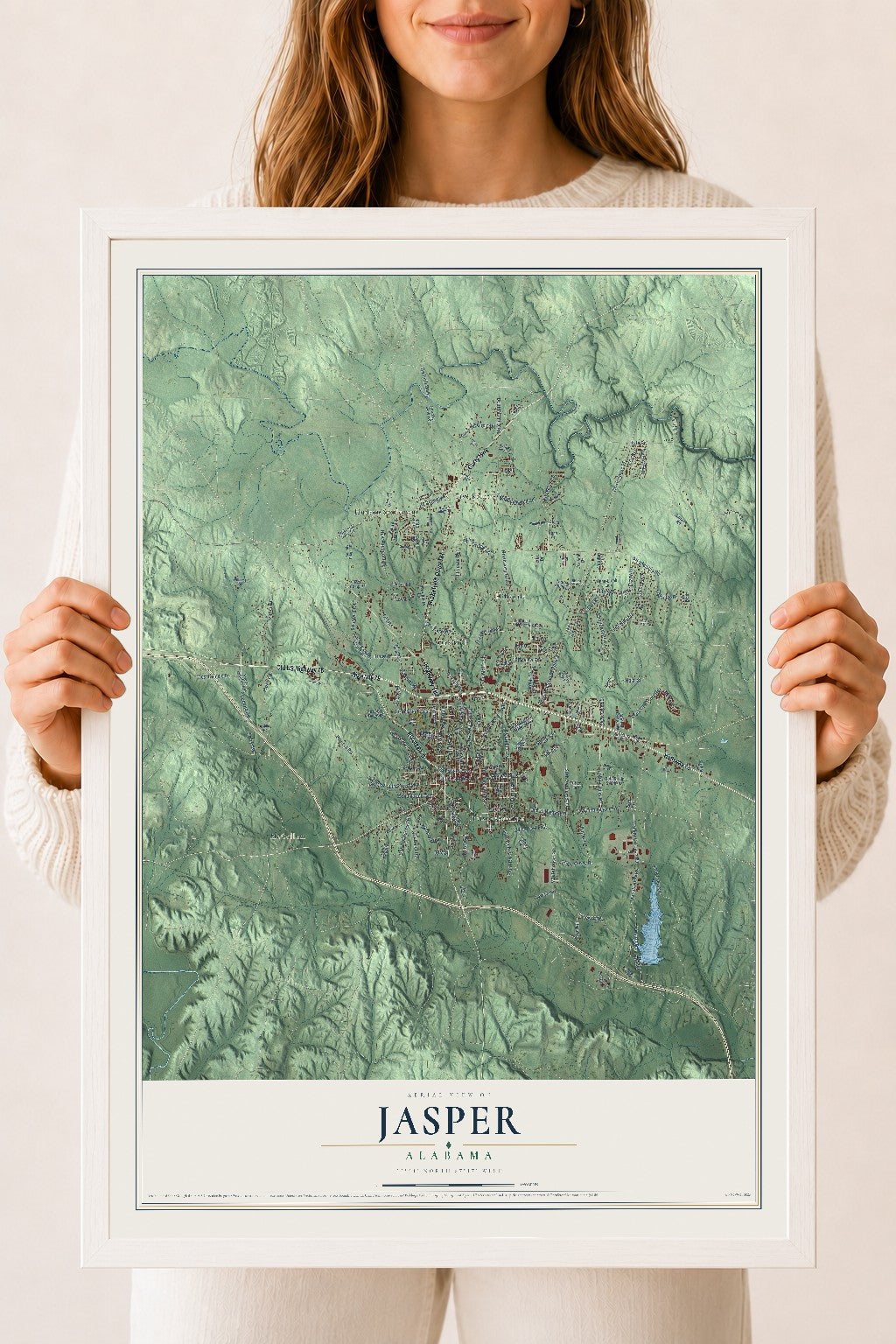 Map of Jasper, Alabama, 18 x 24 inch print in a white wood frame