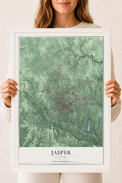 Map of Jasper, Alabama, 18 x 24 inch print in a white wood frame