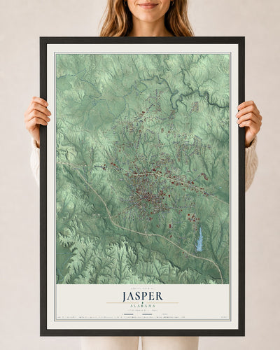 Map of Jasper, Alabama, 24 x 36 inch print in a black wood frame