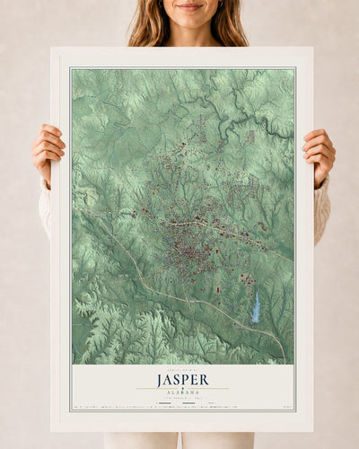 Map of Jasper, Alabama, 24 x 36 inch print in a white wood frame