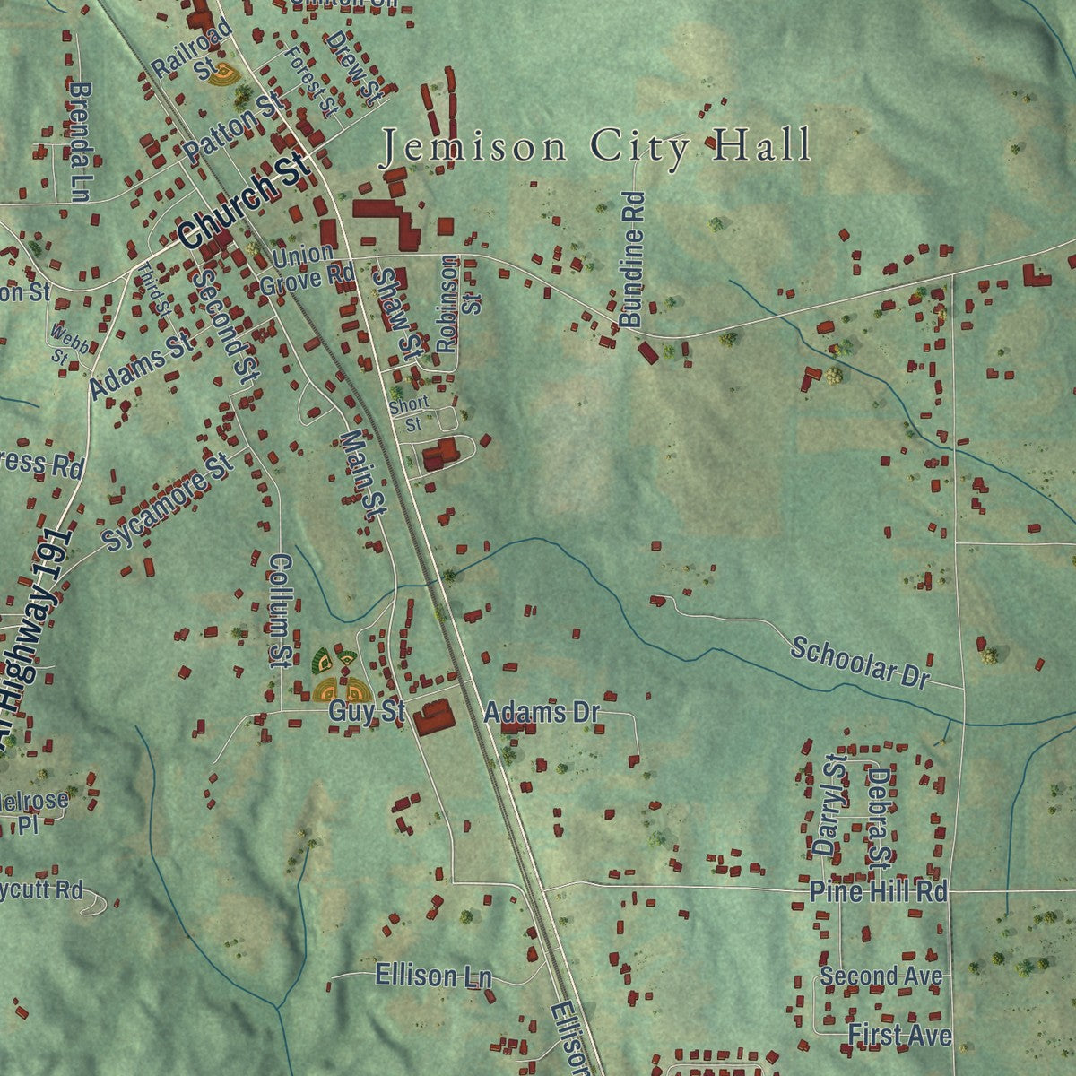 Close-up of the map of Jemison, Alabama print showing street and building detail