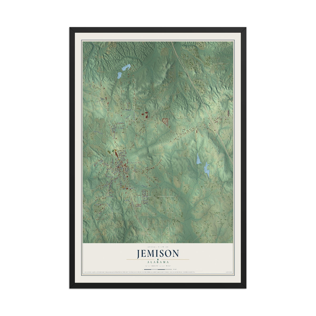 Map of Jemison, Alabama, 12 x 18 inch print in a black wood frame