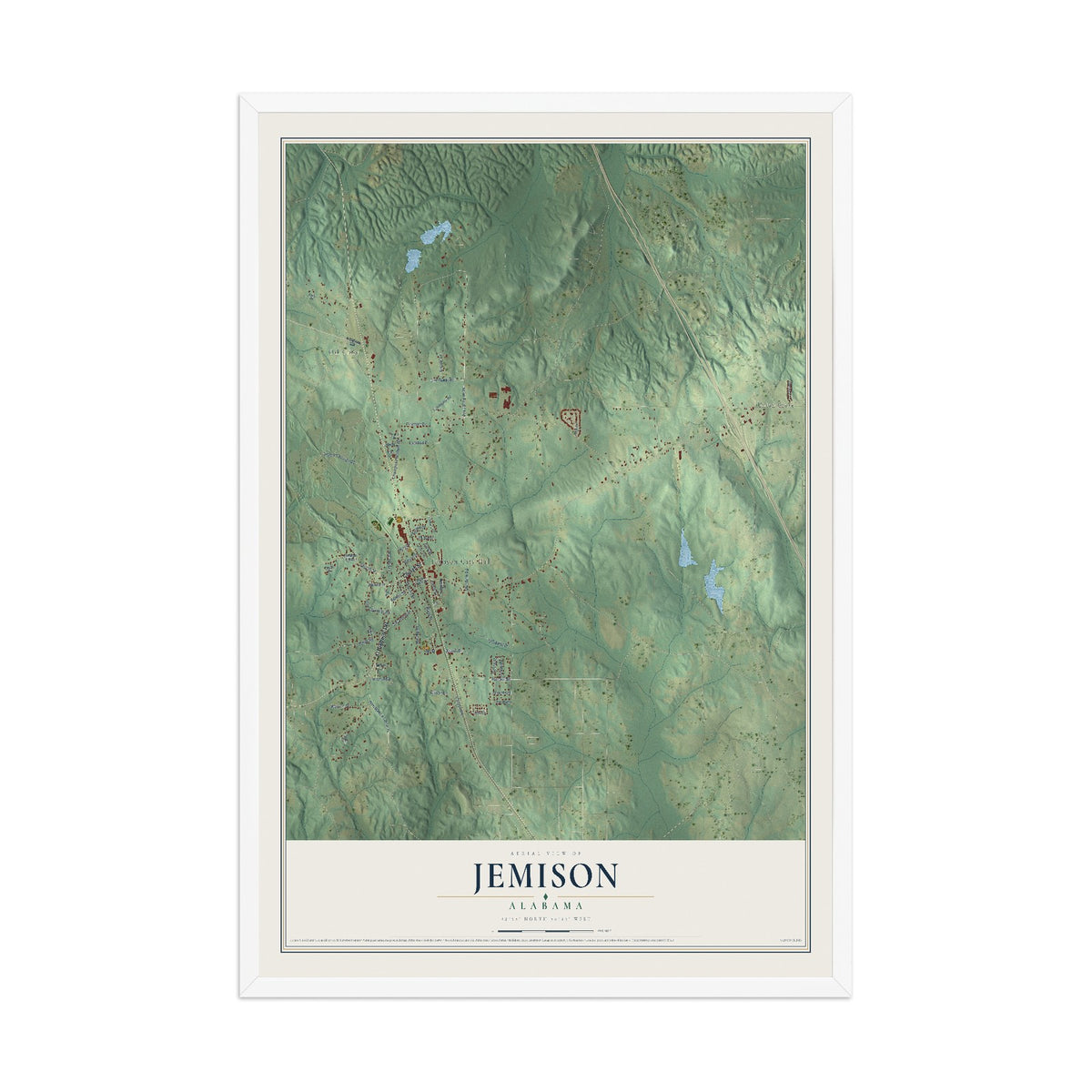 Map of Jemison, Alabama, 12 x 18 inch print in a white wood frame