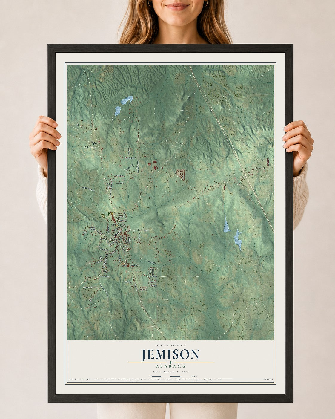 Map of Jemison, Alabama, 24 x 36 inch print in a black wood frame