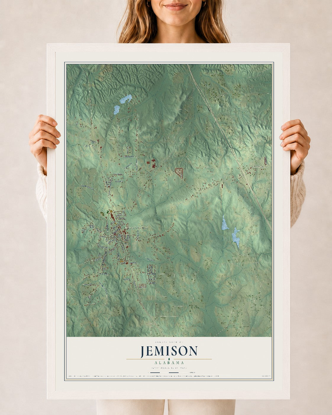 Map of Jemison, Alabama, 24 x 36 inch print in a white wood frame