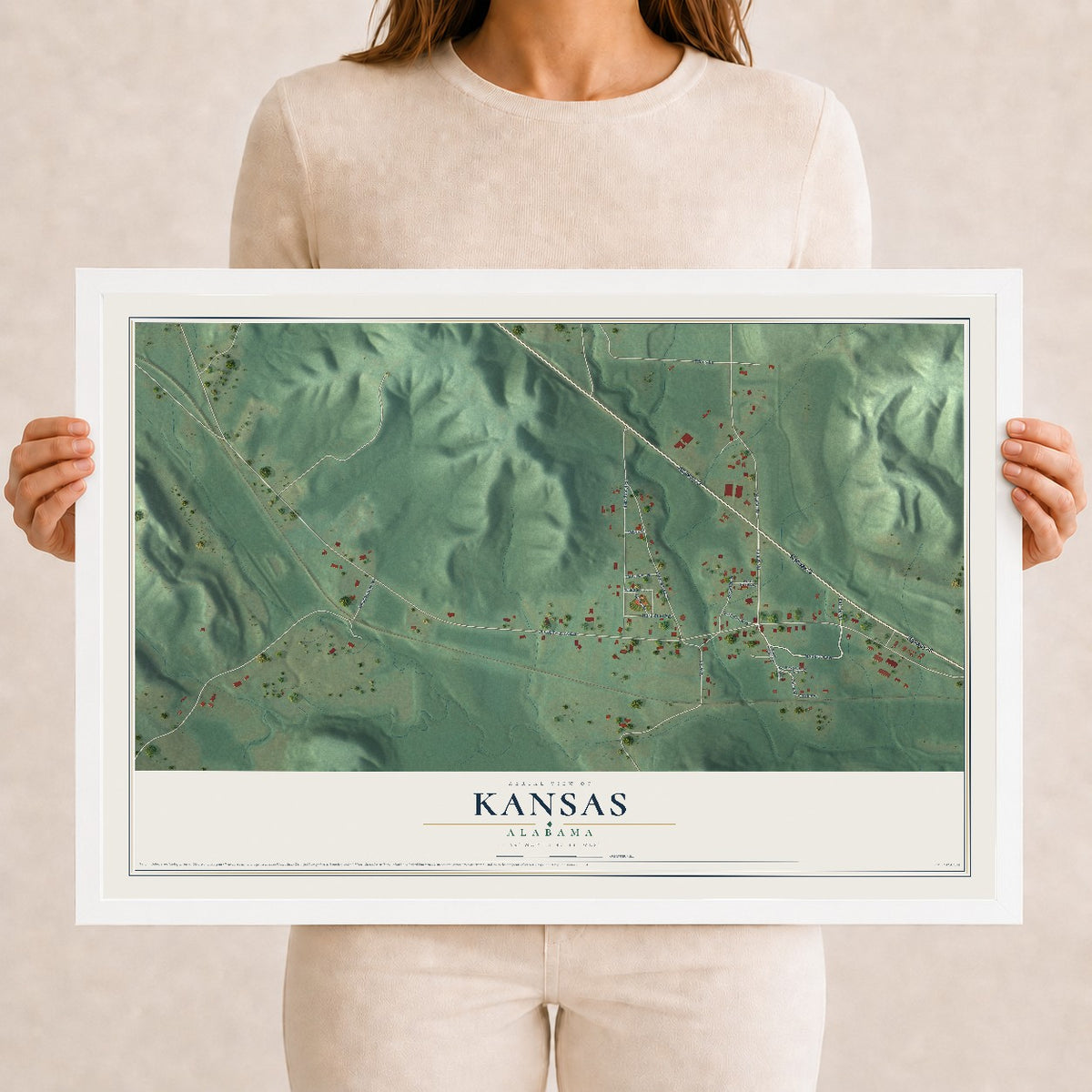Map of Kansas, Alabama, 12 x 18 inch print in a white wood frame