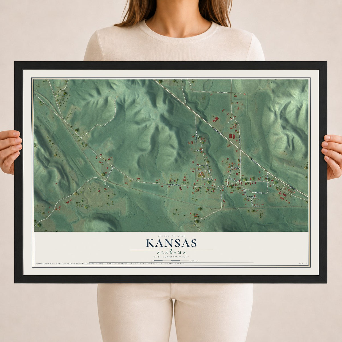 Map of Kansas, Alabama, 18 x 24 inch print in a black wood frame