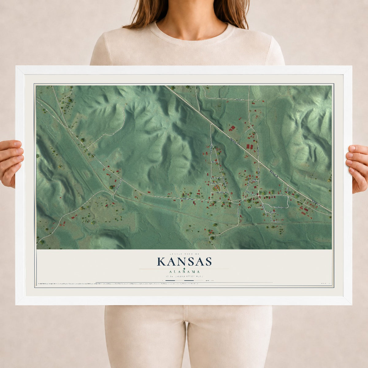 Map of Kansas, Alabama, 18 x 24 inch print in a white wood frame