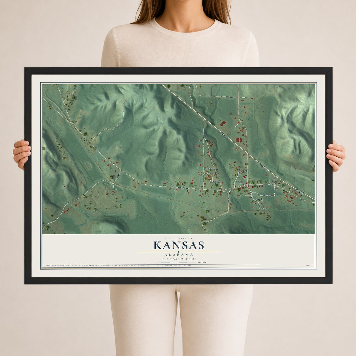 Map of Kansas, Alabama, 24 x 36 inch print in a black wood frame